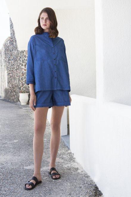 Jeans 3/4 sleeved shirt with knitted details indigo